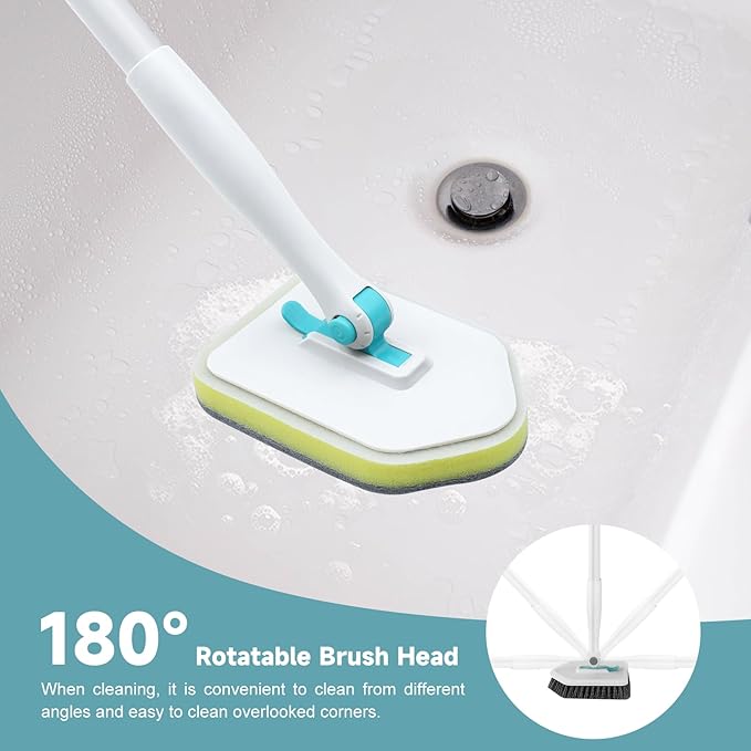 nacena Shower Scrubber with Long Handle, 3 in 1 Tile Tub Scrubber Brush with 3 Detachable Cleaning Heads Adjustable Handle Shower Cleaner Brush for Bathroom, Kitchen, Toilet, Wall, Sink, Blue White