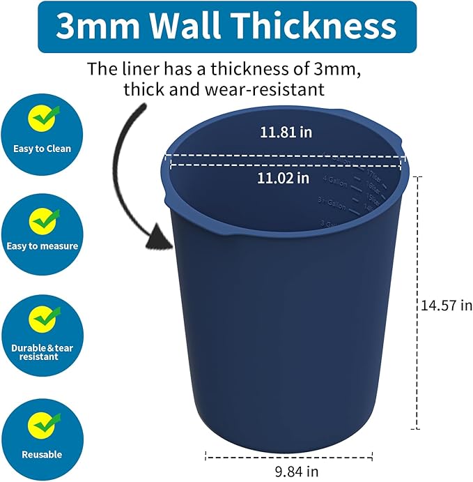 5 Gallon Bucket Liner Reusable Bucket Saver Liner with Measurements for Thinset, Mortar, Concrete Mixtures, Grout, Mud and Cement, Flexible Food Grade Silicone Bucket Liner, Blue