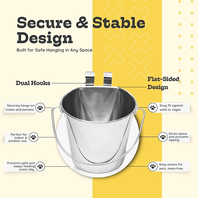 4 Quart Stainless Steel Flat Sided Bucket with Dual Hooks | Durable Food & Water Bowl for Dogs, Cats, Goat & Livestock | Fits kennel Cage Critter Crate Hanging Pet Pail | Multipurpose use