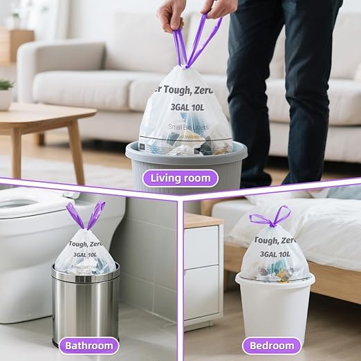 OKKEAI (2.6 Gallon) 3 Gallon Small Trash Bags with Drawstring, 64 Count Printed Bathroom Garbage Bags – Leak-Proof Tear-Resistant Wastebasket Liners for Bathroom, Kitchen, Office