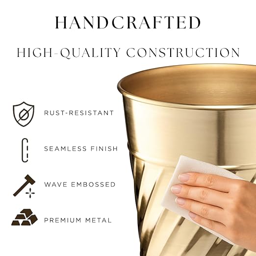 Monarch Abode Brushed Gold Handcrafted Wave Embossed Metal Wastebasket for Home Office, Decorative Waste Basket, Modern Bathroom Garbage Can, Durable & Decorative Trash Bin, Brushed Gold Trash Can