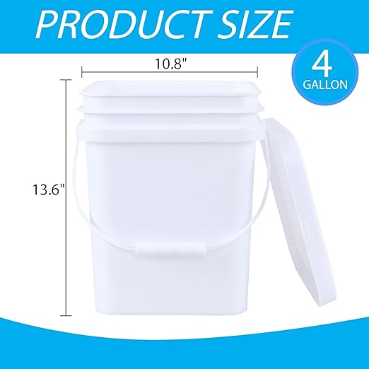 4 Gallon (4 Pack) Plastic Bucket Pail with Handle, Food Grade Bucket Containers with Lid, White