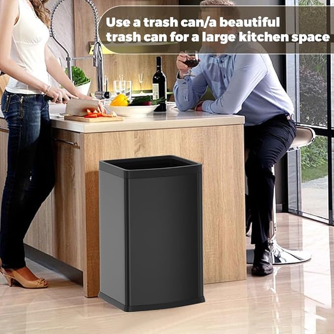 25L/6GALSquare Kitchen Trash can,Black Metal Trash Can for Bathroom,Black Stainless Steel Trash can for Kitchen,Commercial,Detached House (6.6gallon Black)