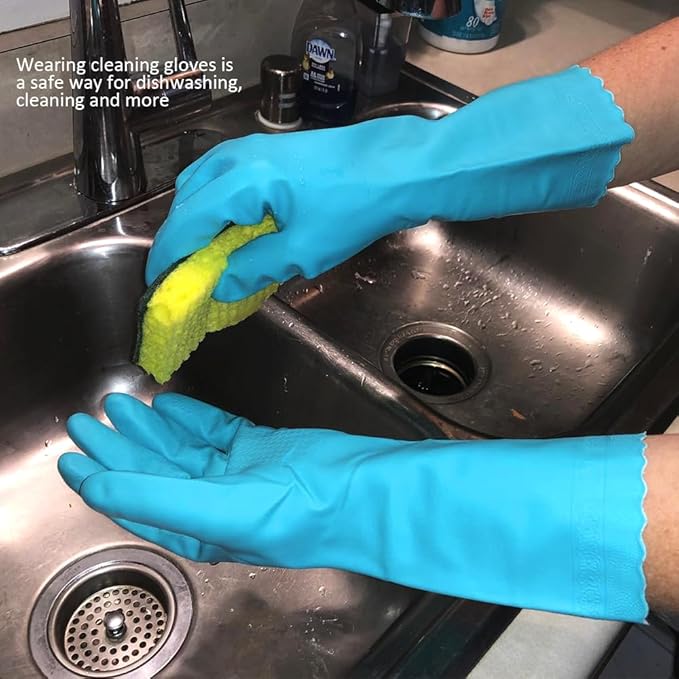 Alimat PluS 4PCS Reusable Cleaning Gloves Latex Free, Dishwashing Gloves with Cotton Flock Liner and Embossed Palm, Waterproof Household Rubber Gloves for Laundry, Gardening(Large, Blue+Purple)