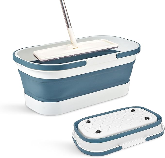 14L(3.7 Gallon) Collapsible Plastic Bucket with Wheels for House Cleaning, Multi-Purpose Rectangular Handy Basket for Cleaning Mop, Camping, RV (14L-Blue)
