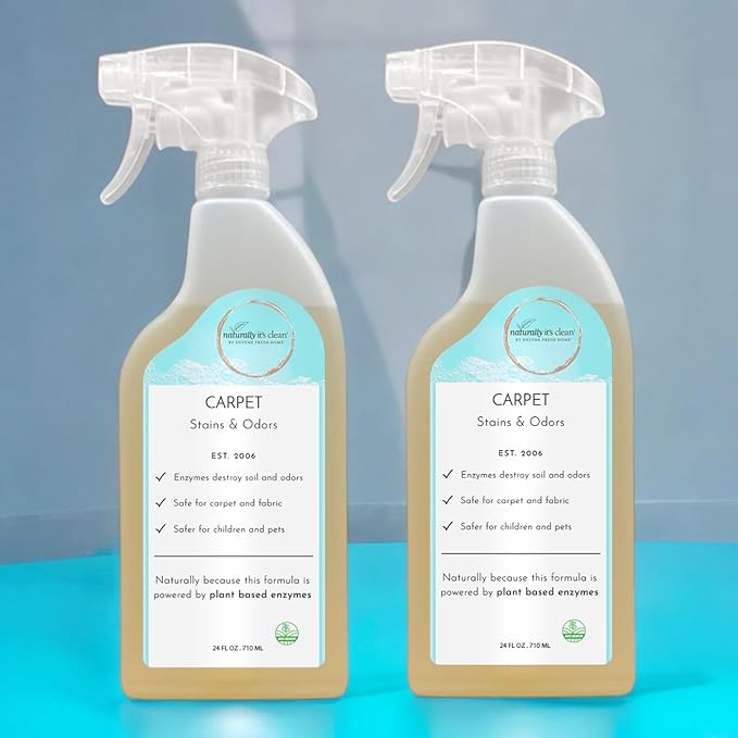 naturally it's clean Carpet Stains & Odors Cleaner; Plant Based Enzyme Safely Cleans Pet/Food Stains, Grease & Ink from Carpets, Rugs, Upholstery & Drapery, 24oz Spray Bottle x 2 Pack