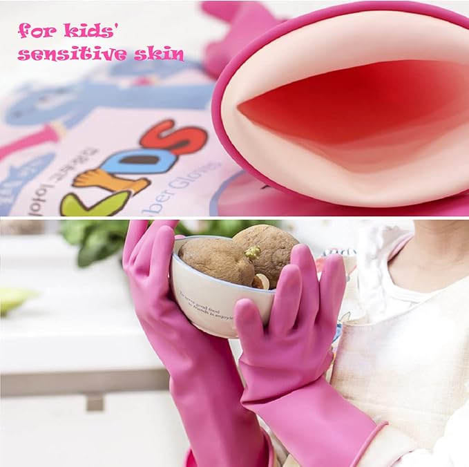 Myungjin (2 Pairs) Kids Reusable Multipurpose Waterproof Hand Protection Rubber Latex Gloves/Dishwashing, Cleaning, Painting