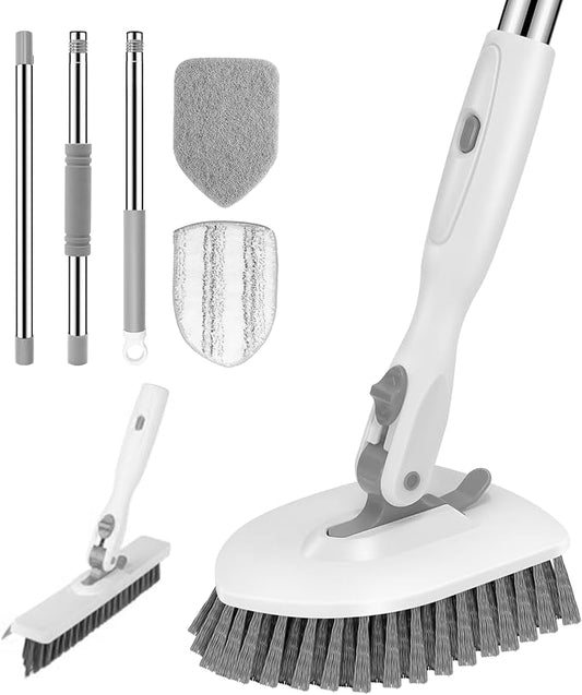 SetSail 4-in-1 Tile Tub Floor Scrubber with 52-inch Long Adjustable Handle Shower Cleaner Brush with V-Shaped Grout Brush and 3 Replacement Brush Heads for Bathroom Kitchen Sink Walls Tub Tile, White