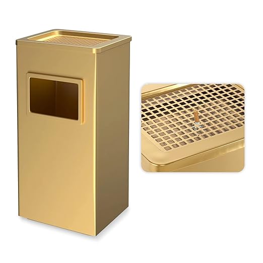 BEAMNOVA Trash Can Indoor Outdoor Black Stainless Steel Commercial Garbage Can Industrial Garbage Enclosure Inside Cabinet with Lid Waste Container, Gold Color, 12.2 * 9.8 * 24 in