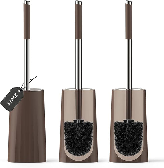 SetSail Toilet Brush, Compact Size Toilet Bowl Brush and Holder Toilet Brushes for Bathroom with Stainless Steel Handle Toilet Cleaner Brush with Durable Scrubbing Bristles, 3 Packs,Brown