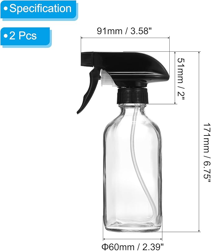 PATIKIL 8oz Clear Glass Spray Bottle, 2pcs Black Nozzle Leak Proof Empty Water Mist Stream Sprayer for Cleaning Solutions Plants Hair