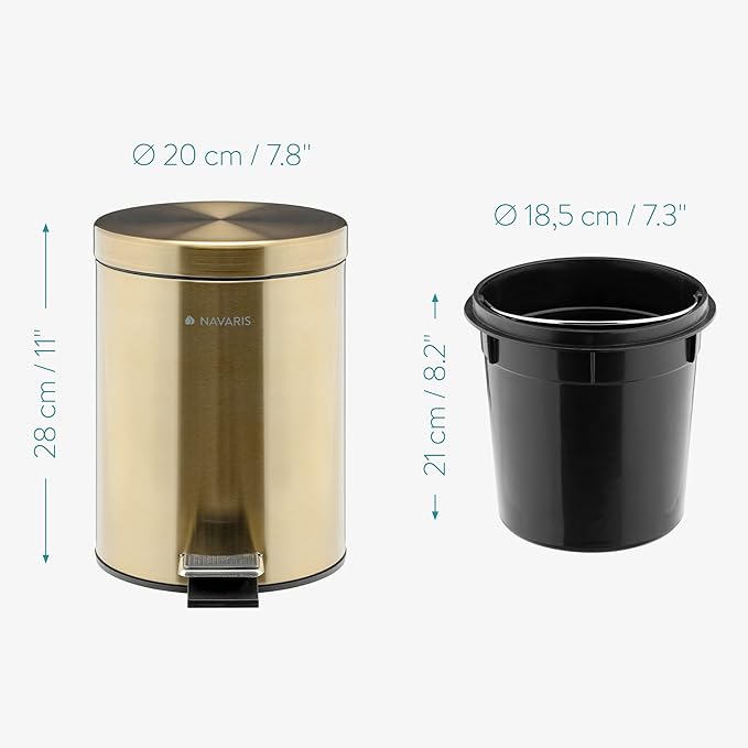 Navaris Small Gold Trash Can - 1.3 Gallon (5 Liter) Trash Can with Step Pedal, Lid and Removable Inner Bucket for Bathroom Kitchen Office or Bedroom