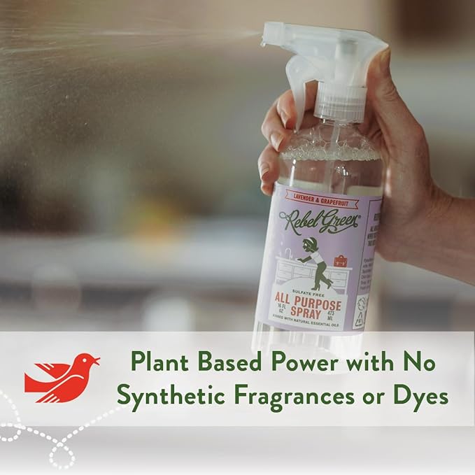 Rebel Green Natural 16 oz All-Purpose Cleaning Spray with 64 oz Refill Bottle - Plant-Based Multi-Surface Cleaner for Kitchen, Bath, Countertops and More - Lavender & Grapefruit Scent