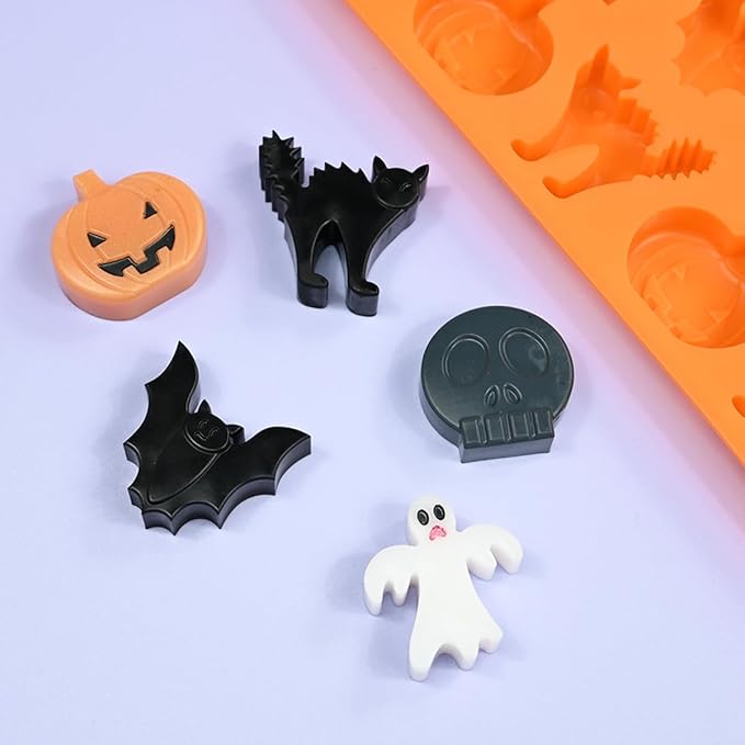 mostsom Chocolate Mold Halloween Silicone Chocolate Molds Pumpkin Bat Skull Ghost Spider Shape Baking Molds for Jelly Soap Fondant Candy Pastry Cake Decorating (H_9x4.6x0.52 inch)