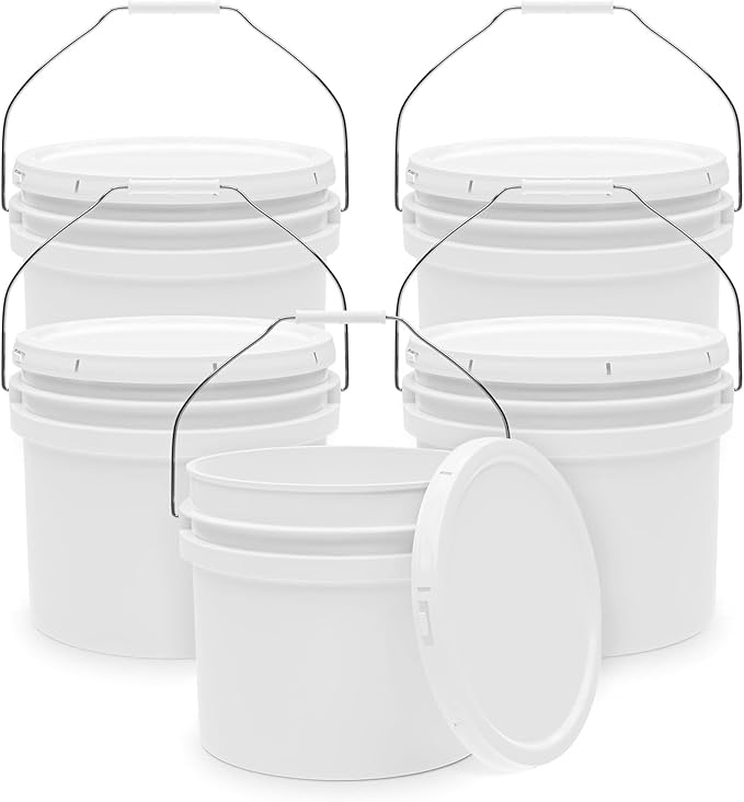 3.5-Gallon White Bucket Pail Container with Lid | Food Grade | Heavy-Duty Extra Durable | Metal Handles with Plastic Grip for Easy Carrying | Multi-Use | Easy Stack and Store | BPA Free - 5 Pack