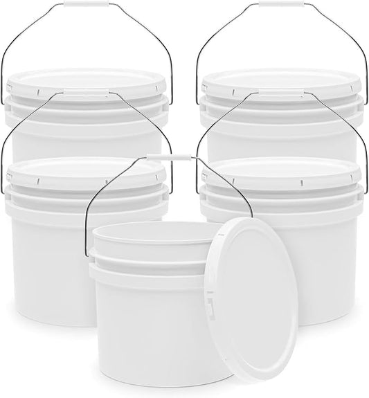 3.5-Gallon White Bucket Pail Container with Lid | Food Grade | Heavy-Duty Extra Durable | Metal Handles with Plastic Grip for Easy Carrying | Multi-Use | Easy Stack and Store | BPA Free - 5 Pack