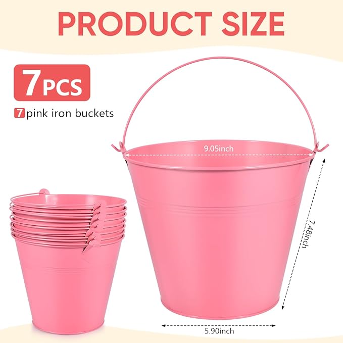 OBTANIM 7 Pack Pink Metal Buckets with Handle Galvanized Ice Pails for Plants, Succulents, Party Favors Organizing, Rustic Home Decor or Classrooms Pencil Storage (9.1 x 6.7 inch)