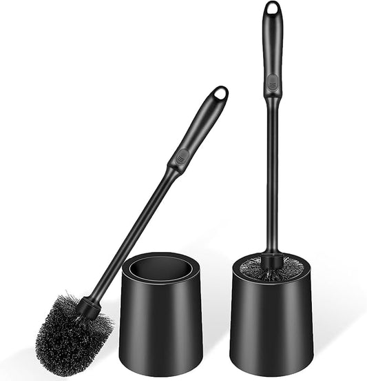 Toilet Brush and Holder 2 Pack with Long Handle - Non-Slip Grip Toilet Bowl Brush Set for Deep Cleaning Bathroom, Toilet Scrubber- Black
