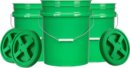 House Naturals 5 Gallon Food Grade Made in USA Pail Plastic Bucket with Screw on Air Tight Double Gasket Lid, (Pack of 3) (Green Buckets- Green Lids)