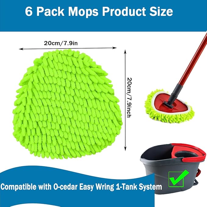 Spin Mop Heads Replacements Compatible with Ocedar Easywring 1 Tank System 6 Pack Microfiber Chenille Mops Pad Refill for O Cedar Floor Clean,Washable Dry/Wet Use Dust Mops