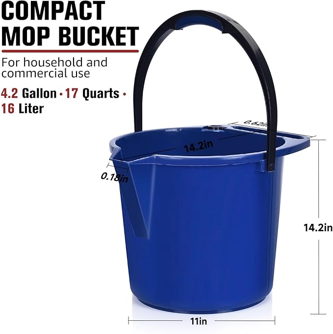 Matthew Cleaning 4.2 Gallon Mop Bucket, Heavy Duty Plastic Cleaning Bucket with Built-in Pour Spout, Mop Holder and Comfort Grip Handle, House and Commercial Cleaning Supplies, 1 Pack Blue
