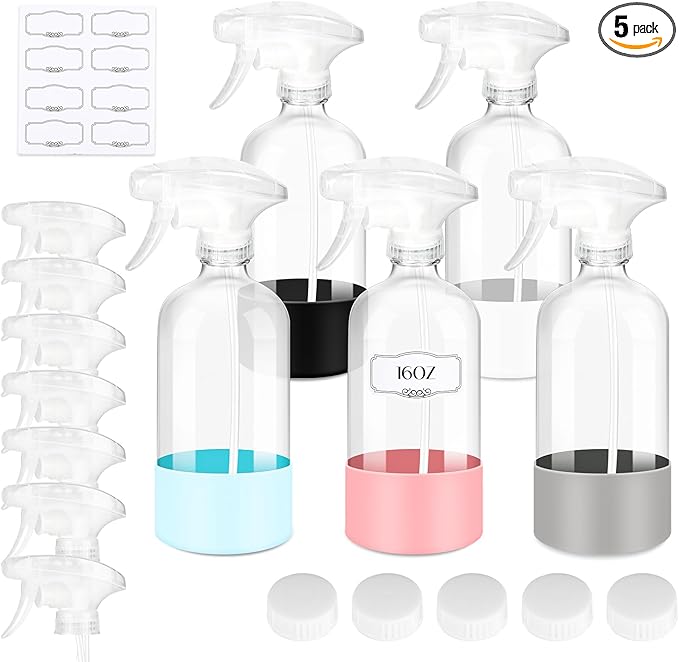5 PACK/16 OZ Glass Spray Bottles with Upgraded Adjustable Spray Nozzle, Refillable Containers with Silicone Sleeve, Spray Bottle for Hair&Cleaning Solutions&Essential Oils-Pink Blue Gray Black White
