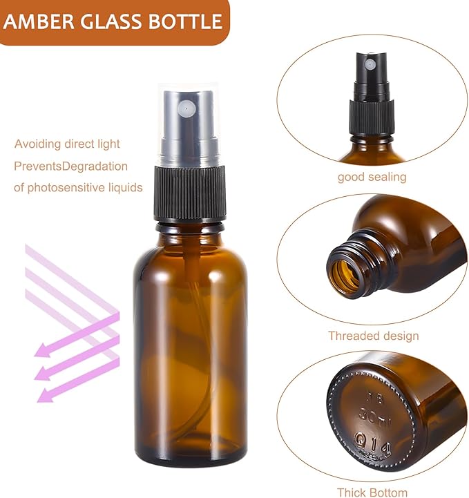 1 oz ml Amber Glass Spray Bottles,Small Empty Fine Mist Refillable Travel Spray Bottle for Cleaning,Perfume,Aromatherapy,Cosmetic Sprays,Hair,Essential Oils with Fine Mist Dispenser（6 Pack）