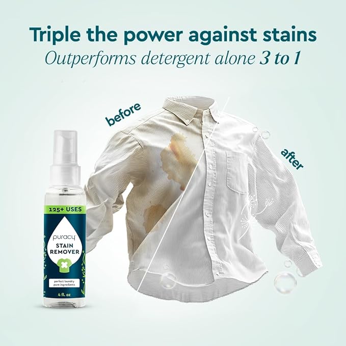 Puracy Stain Remover Spray, Natural Travel and Laundry Stain Cleaner for Clothes, Baby & Kids Stains, Oil & Fabric Spot Cleaner (Unscented, 4 oz)
