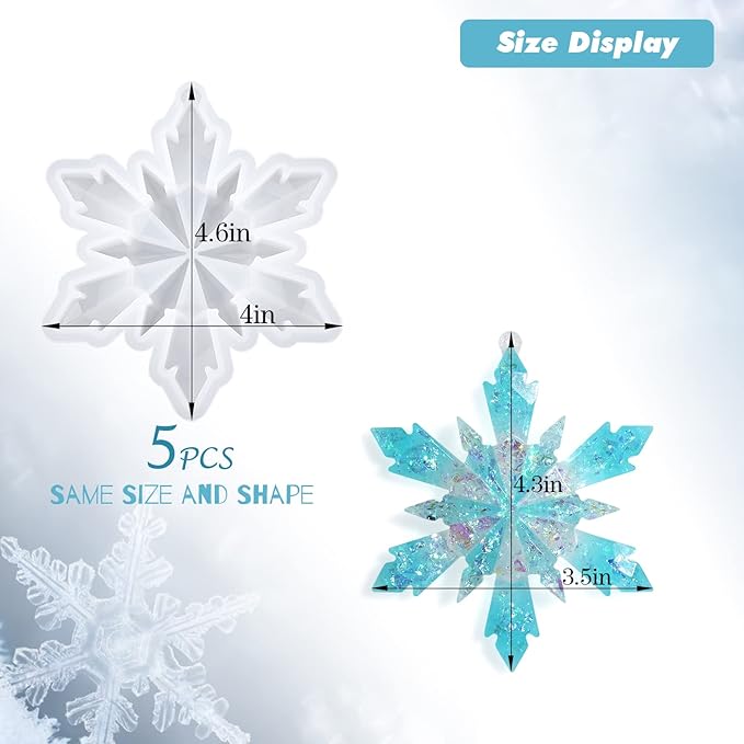 Sakolla 5 Pieces Christmas Silicone Resin Molds 3D Snowflake Molds Silicone Epoxy Casting Resin Mould for DIY Christmas Ornament Jewelry Pendant Decoration, Keychain
