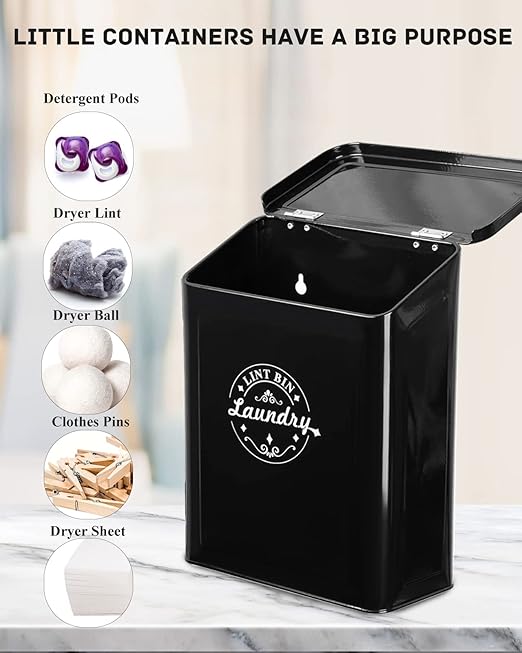 Magnetic Lint Bin for Laundry Room Organization and Storage with Brush, Wall-Mounted Laundry Dryer Lint Bin for Laundry Room Decor, Space-Saving Laundry Trash Can (Black)