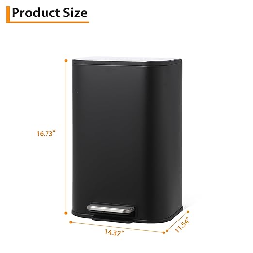 Stainless Steel Kitchen Trash Can 5.2 Gallon (20L) - Soft-Close Lid, Foot Pedal & Removable Inner Basket, Rectangular Step Bin for Office, Bedroom, Bathroom