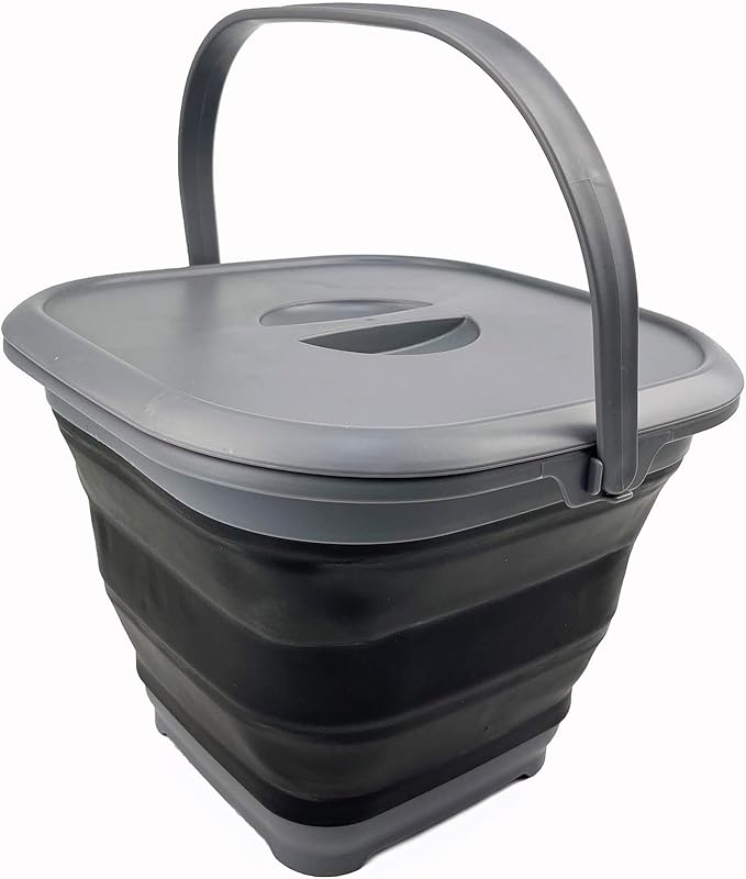 SAMMART 8.5L (2.2 Gallon) Collapsible Square Handy Bucket with Lid/Foldable Square Water Pail with Lid/Portable Tub with Handle and Lid (Grey/Black (Set of 2))