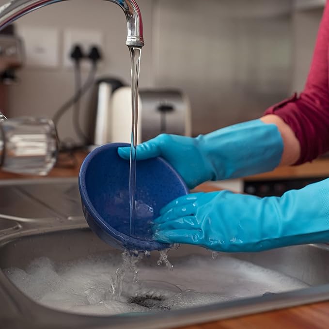 Bamllum 2 Pairs Reusable Kitchen Gloves for Washing Dishes - Nitrile Rubber Dishwashing Gloves, Reusable Household Cleaning Gloves, Flexible Durable & Non-Slip (Medium, Green+Blue)