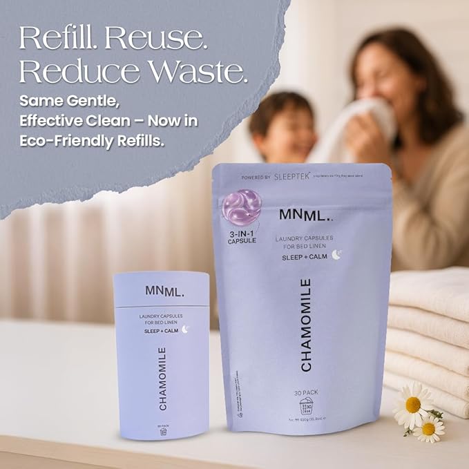 MNML Chamomile Laundry Pods designed for Sleep & Calm, Eco-Friendly Natural Laundry Detergent Pods for Sensitive Skin. No Plastic, Natural Bio-Enzymes, Luxury Fragrance, 30ct Capsules, Refill Bag