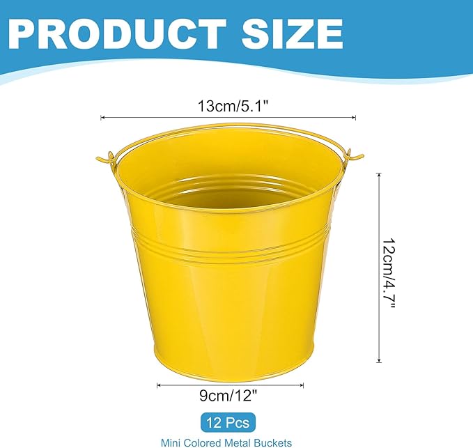 PATIKIL 5.1"x4.7" Small Metal Buckets with Handle, 12 Pcs Mini Galvanized Bucket Colorful Easter Buckets for Crafts Party Favors Decoration, Yellow