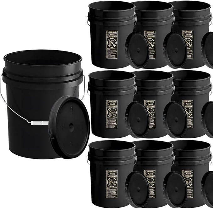 10 Pack - 5 Gallon Plastic Buckets with Lids - Food Safe, Stackable, BPA-Free Bulk Storage