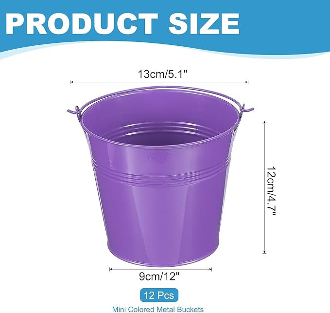 PATIKIL 5.1"x4.7" Small Metal Buckets with Handle, 12 Pcs Mini Galvanized Bucket Colorful Easter Buckets for Crafts Party Favors Decoration, Dark Purple