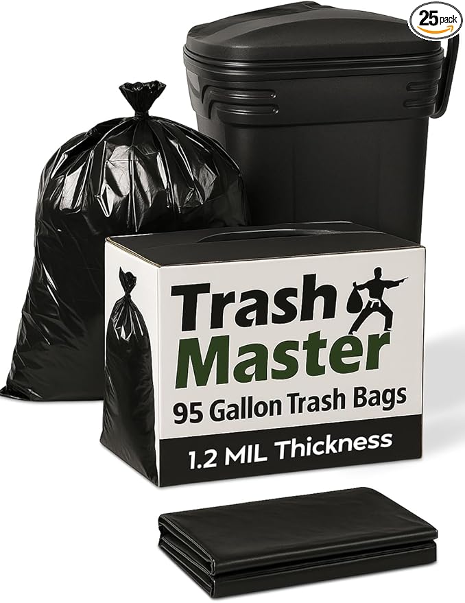95 Gallon Heavy Duty Trash Bags | 25 Bags w/Ties | Super Large Garbage bags | 1.5 MIL Thickness for Yard, Home and Office Cleanup Disposal - TrashMaster (25)