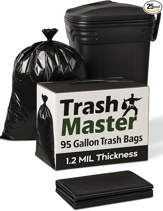 95 Gallon Heavy Duty Trash Bags | 25 Bags w/Ties | Super Large Garbage bags | 1.5 MIL Thickness for Yard, Home and Office Cleanup Disposal - TrashMaster (25)