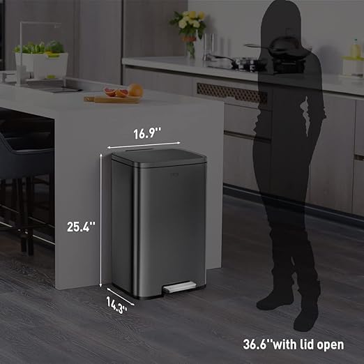 EKO Madison Matte Black 50 Liter/13.2 Gallon Step Trash Can with Inner Liner - Fingerprint Resistant Finish