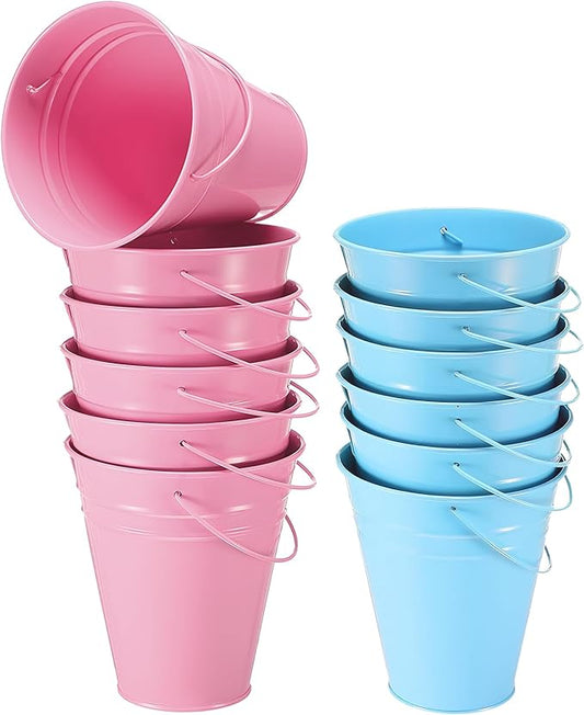 Sadnyy 12 Pack Metal Buckets with Handle, Galvanized Bucket 4.5 x 5 Inch Basket Bucket Party Supplies, Crafts for Christmas Halloween Candy Bars Vase Crafts(Pink Blue)