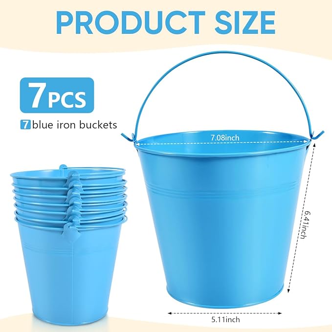 OBTANIM 7 Pack Blue Metal Buckets with Handle Galvanized Ice Pails for Plants, Succulents, Party Favors Organizing, Rustic Home Decor or Classrooms Pencil Storage (7.1 x 5.2 inch)