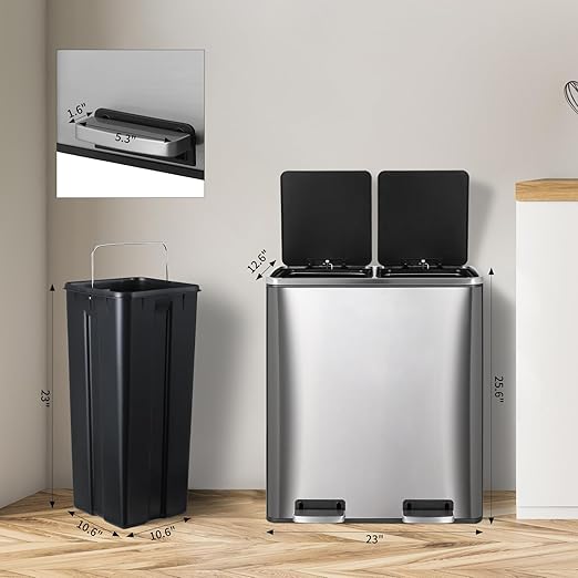 16 Gallon Rectangular Stainless Steel Trash Can, Dual Compartment Garbage Bin with Recycling Combo, Metal Dustbin Lid, Removable Liner, Indoor Hands Free Waste Bucket for Kitchen Home