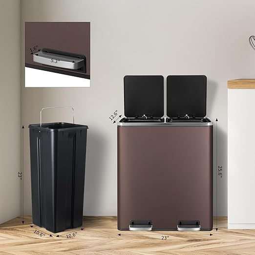 16 Gallon Rectangular Stainless Steel Trash Can, Dual Compartment Garbage Bin with Recycling Combo, Metal Dustbin Lid, Removable Liner, Indoor Hands Free Waste Bucket for Kitchen Home