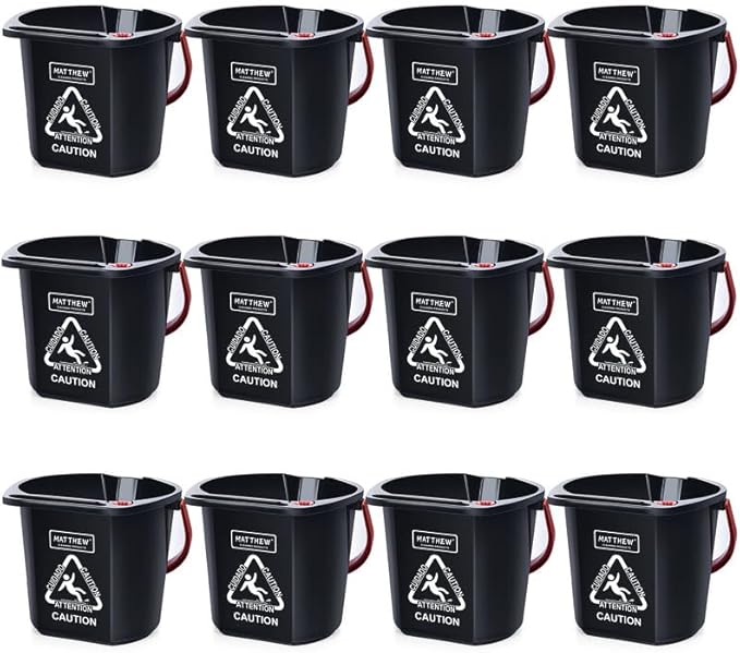 Matthew Cleaning 4.2 Gallon Mop Bucket, Heavy Duty Plastic Cleaning Bucket with Built-in Pour Spout, Mop Holder and Comfort Grip Handle, House and Commercial Cleaning Supplies, Case Pack 12 Pcs Black