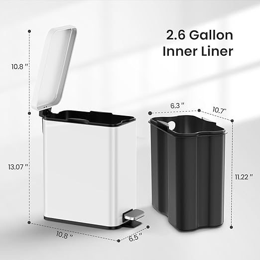 Cesun Bathroom Trash Can with Lid, 2.6 Gallon Small Bathroom Garbage Can Soft Close, Stainless Steel Waste Basket with Step Pedal for Bedroom, Laundry Room, Living Room, Home Office, Toilet, RV, White