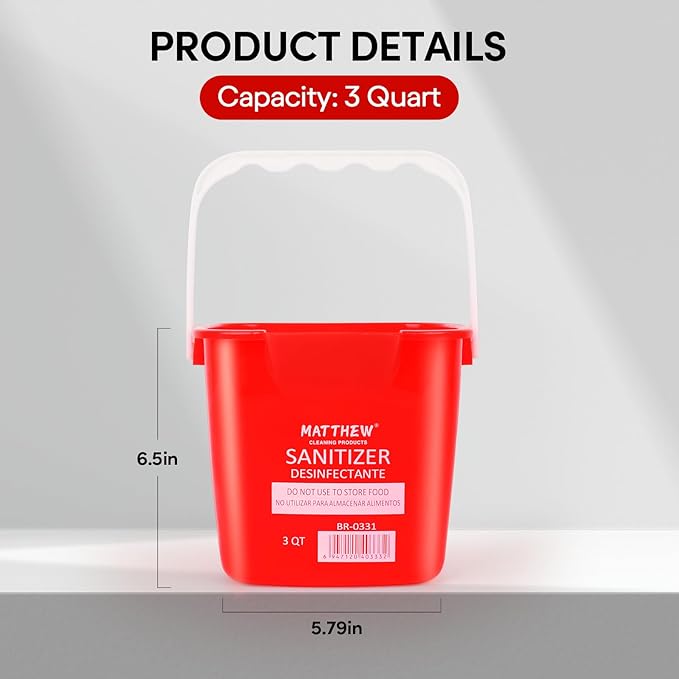Matthew Detergent and Sanitizing Cleaning Bucket 3 Quart Plastic Pail,Set of 6 Square Containers,Built-in Spout w/Handle,Wash Rinse Sanitize Handwash Bucket for Home Office Commercial (Red&Green)