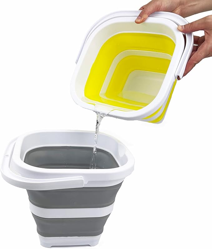 SAMMART Collapsible Rectangular Cleaning Bucket 5L (1.3 Gallon)- Foldable Camping Beach Sand Water Pot Pail- Portable Space Saving Tub for Household, Outdoor Car Washing (White/Grey)