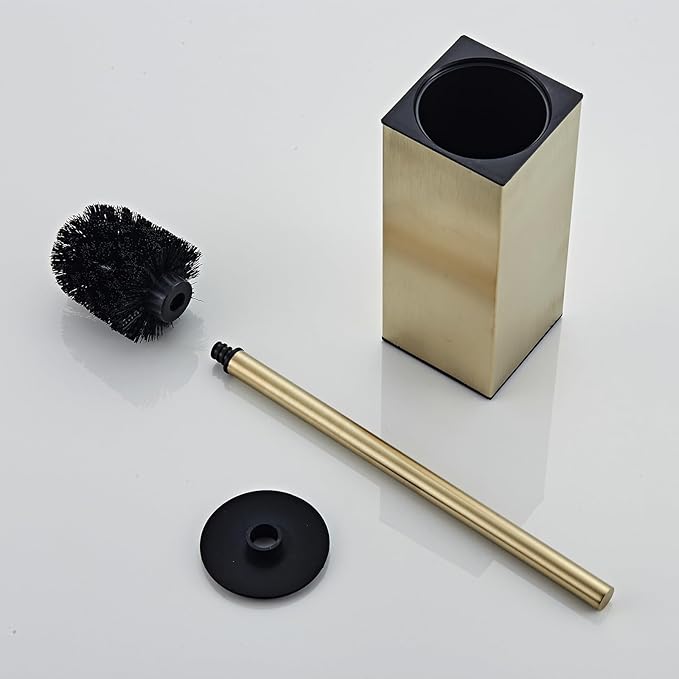 Toilet Brush and Holder Set, NEWRAIN Stainless Steel Toilet Brush with Long Brush Handle, Brushed Gold Toilet Scrubber and Covered Holder, Square Design Sturdy and Space Saving, Covered Brush