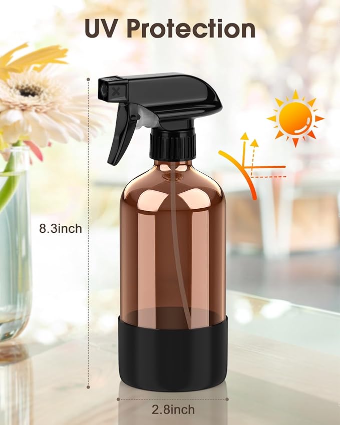 Glass Spray Bottle with Silicone Sleeve Protection, Amber Glass Spray Bottle Set for Window Cleaner Aromatherapy Facial Hydration Watering Flowers Hair Care 2 Pack/16 oz (Black)